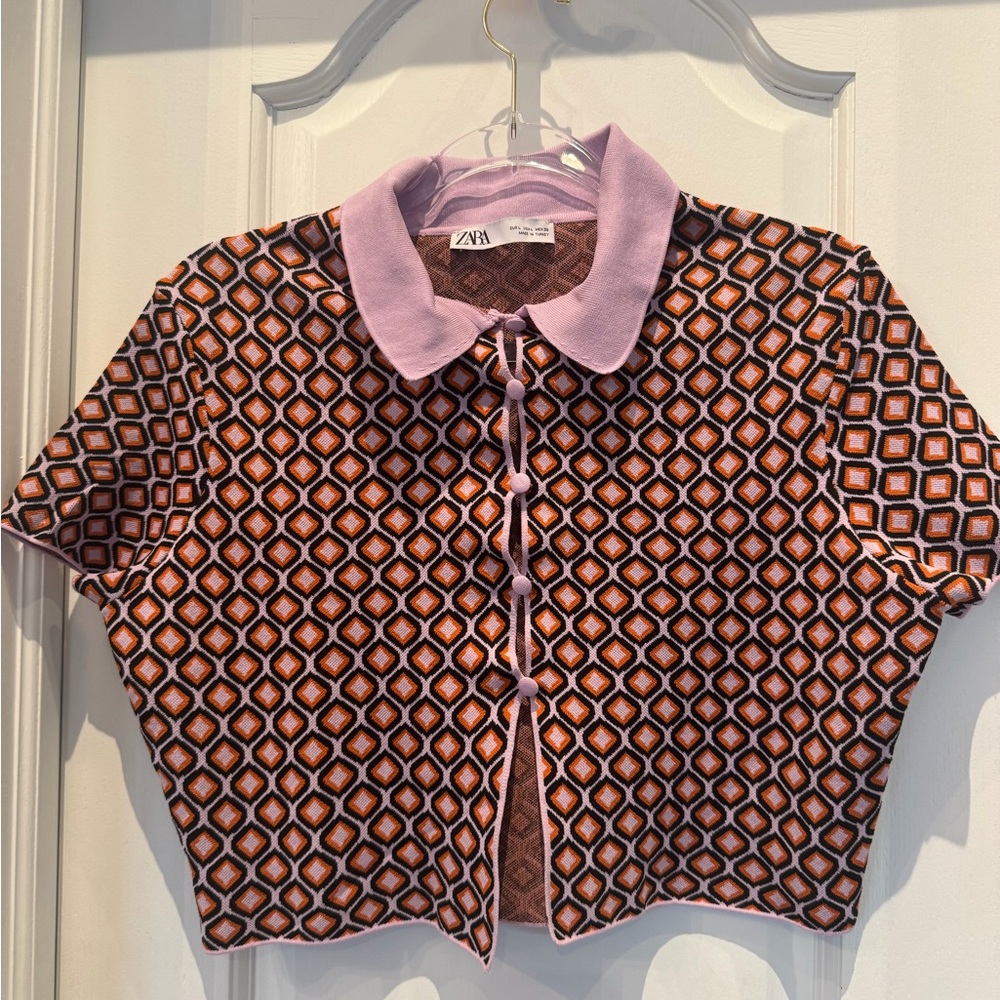 ZARA Knit Geometric Print Collared Crop Top Pink Orange Size L
